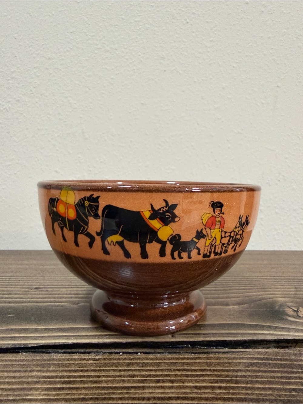 Vintage Mexican Folk Art Style Pottery Bowl Footed Terracotta Donkey Village Sce - Picture 3 of 9